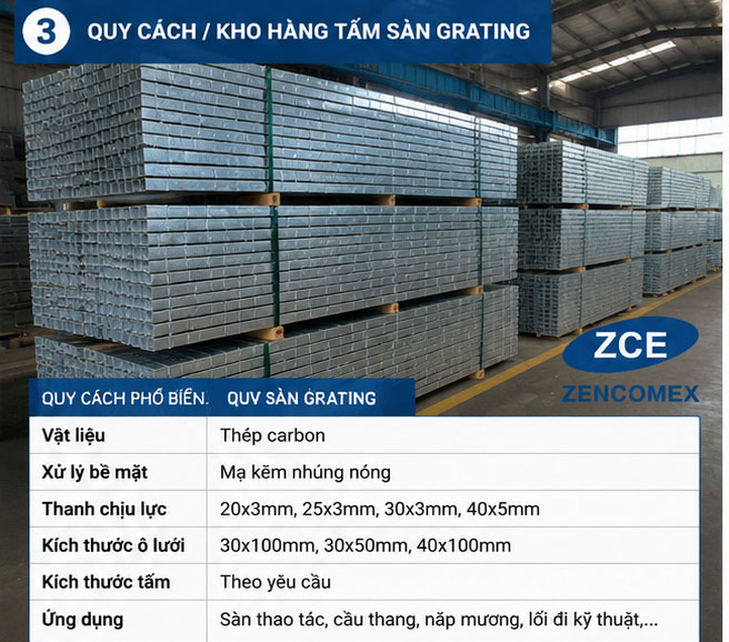 Quy cách và kho tấm sàn grating mạ kẽm ZENCOMEX