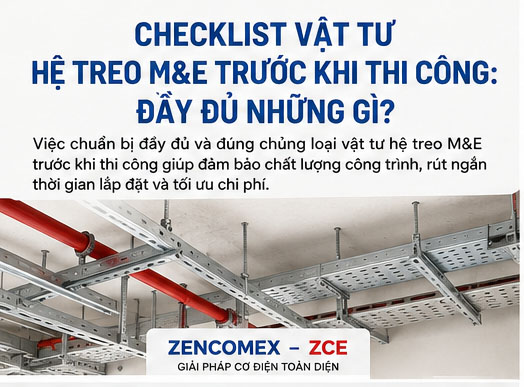Kiểm tra vật tư M&E gồm bulông, giá đỡ, phụ kiện treo và các thành phần sử dụng cho hệ thống cơ điện.