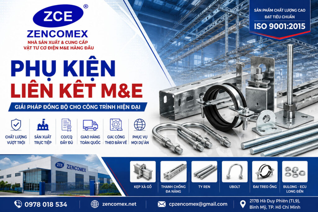 ZENCOMEX chuyên sản xuất phụ kiện liên kết M&E, thanh chống đa năng, ty ren, Ubolt, đai treo ống và vật tư cơ điện chất lượng cao