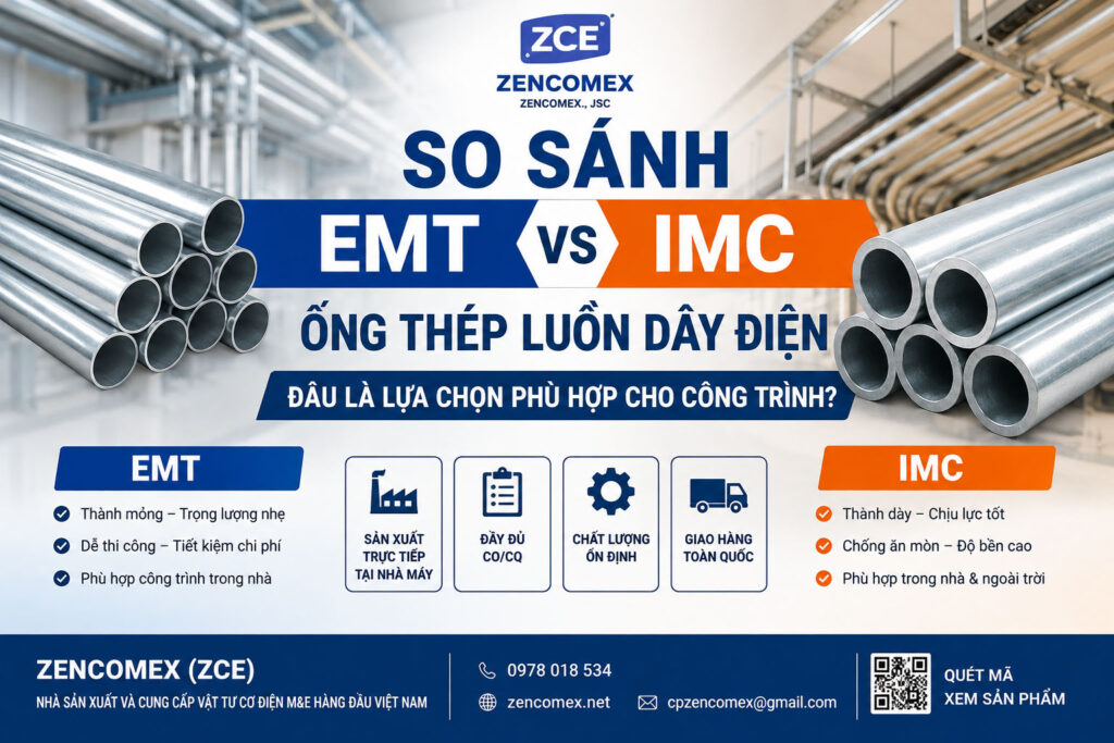 Hình ảnh so sánh ống thép luồn dây điện EMT và IMC của ZENCOMEX, giúp lựa chọn giải pháp phù hợp cho công trình dân dụng và công nghiệp.