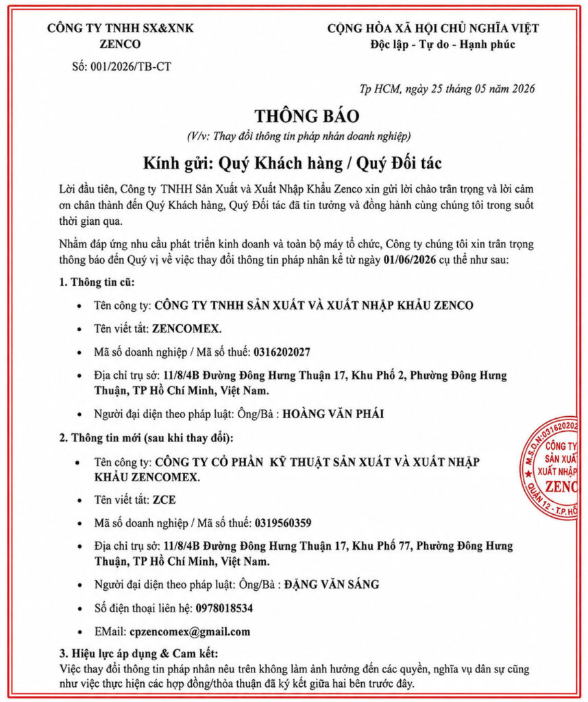 thay đổi pháp nhân sang zencomex ZCE