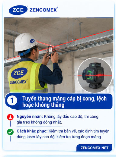 Kiểm tra cao độ tuyến thang máng cáp tại công trường