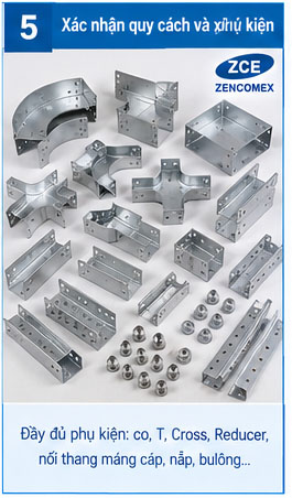 Phụ kiện thang máng cáp gồm co, T, Cross, Reducer và phụ kiện nối phục vụ lắp đặt hệ thống M&E.